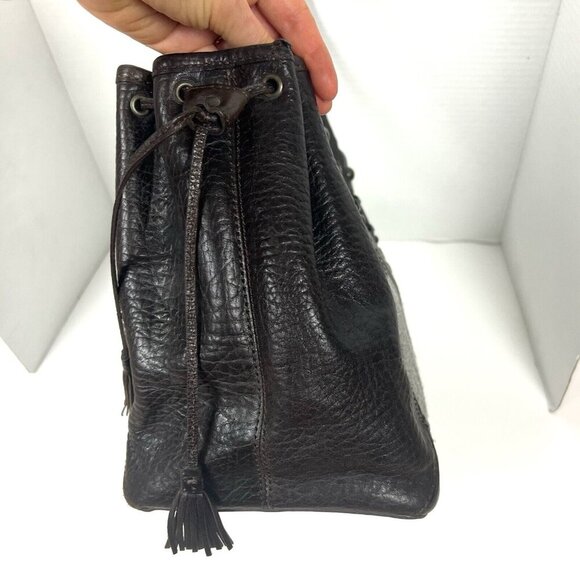 BR Banana Republic Leather Wool Drawstring Satchel Tote Gray Brown Academia 90s - Picture 4 of 14